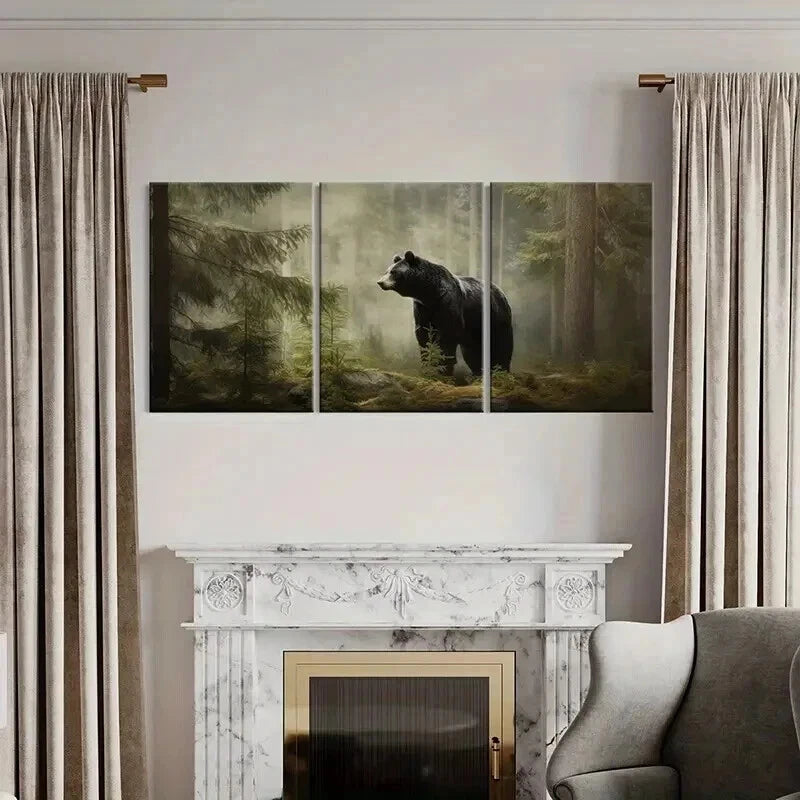 3pcs Majestic Black Bear In Misty Forest Wall Art Set Canvas Framed 60x90cm - High Quality Print 100% Australian Made Wall Canvas Ready to Hang - Bella Home Decor