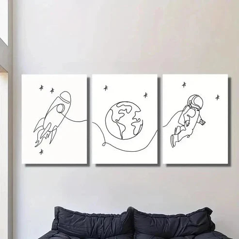 3pcs Earth Rocket Astronaut Line Drawings Wall Art Set Canvas Unframed - High Quality Print 100% Australian Made Wall Canvas - Bella Home Decor
