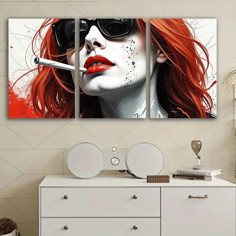 3pcs Woman With Red Hair And Glasses Wall Art Set Canvas Framed 60x90cm - High Quality Print 100% Australian Made Wall Canvas Ready to Hang
