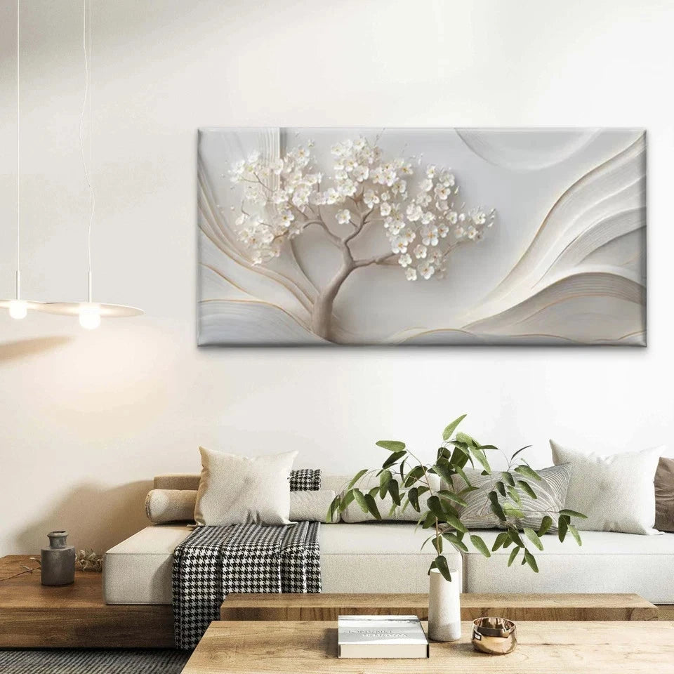 White Floral Elegant Wall Art Canvas Office Home Room Framed 120x60cm