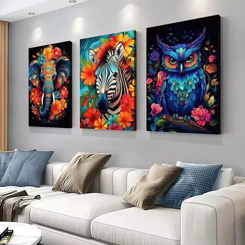 3pcs Vibrant Animal with Floral Accents Wall Art Canvas Unframed - High Quality Print 100% Australian Made Wall Canvas