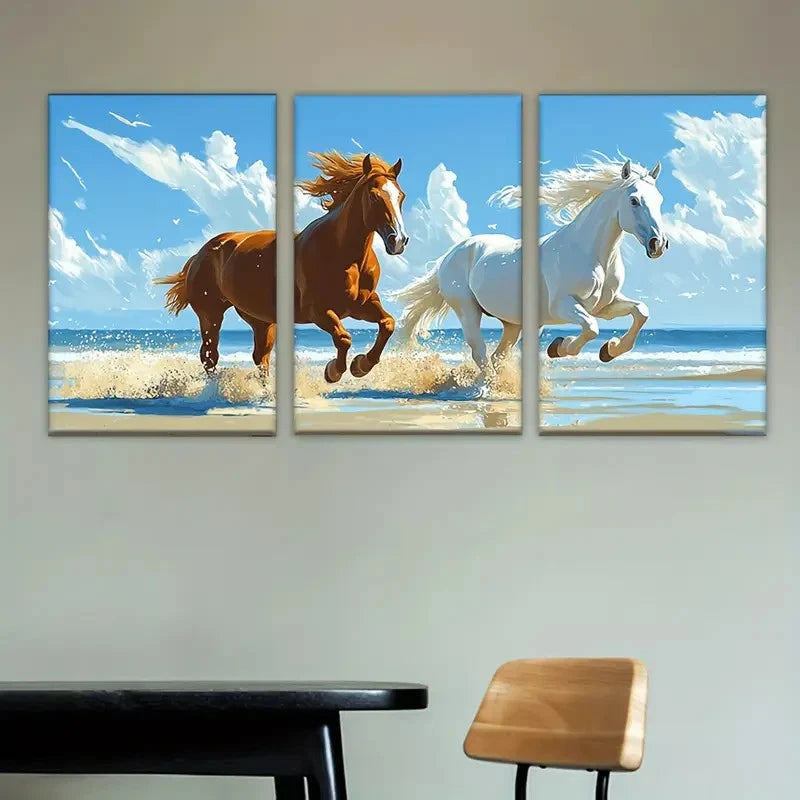 3pcs Two Horses Running on the Beach Wall Art Set Canvas Framed 40x60cm - High Quality Print 100% Australian Made Wall Canvas Ready to Hang - Bella Home Decor