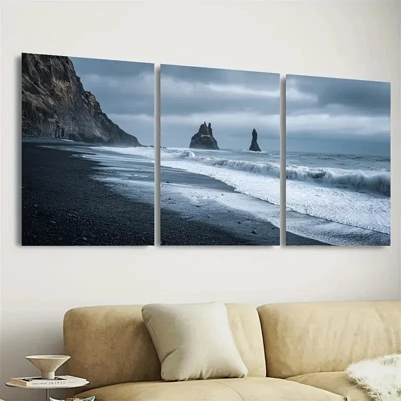 3pcs Iceland Black Sand Beach Wall Art Set Canvas Framed 50x70cm - High Quality Print 100% Australian Made Wall Canvas Ready to Hang