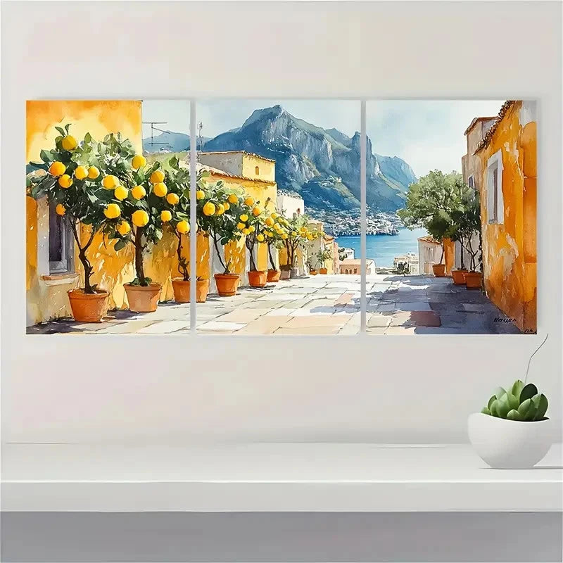 3pcs Italian Cityscape Lemon Tree Artwork F Wall Art Set Canvas Framed 60x90cm - High Quality Print 100% Australian Made Wall Canvas Ready to Hang