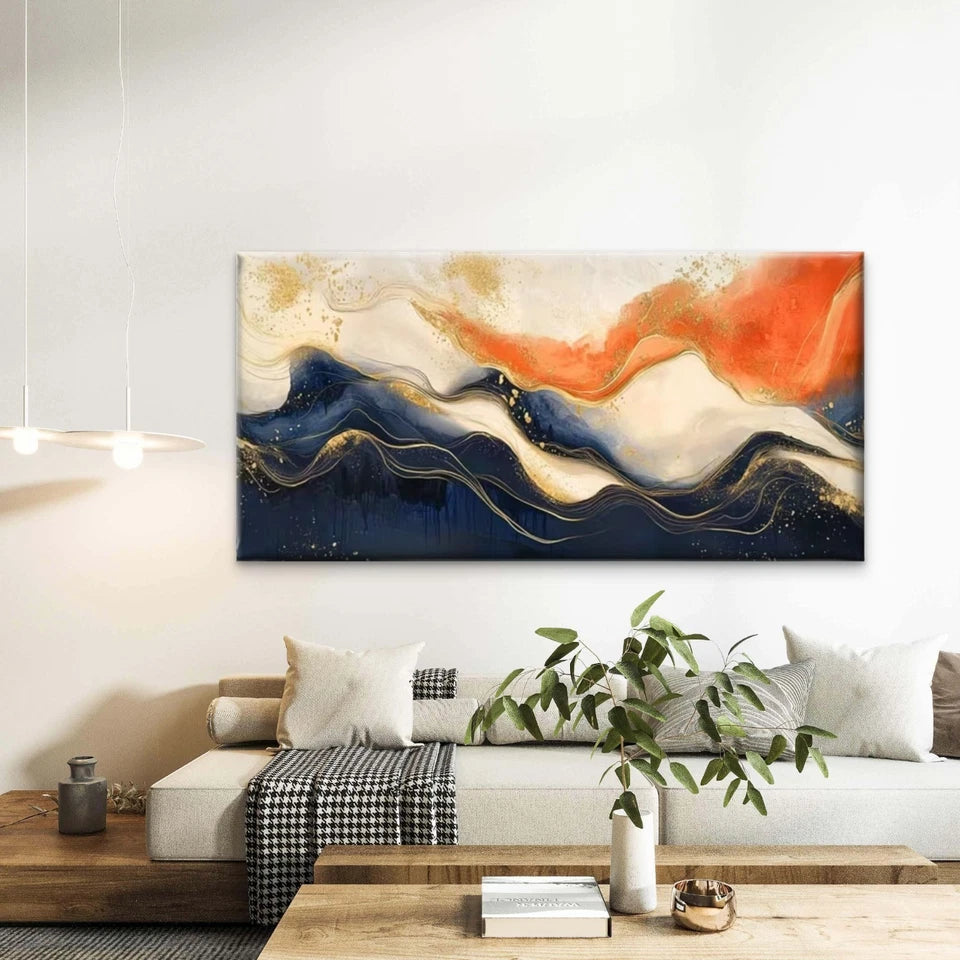 Golden Accents Waves Wall Art Canvas Office Home Room Framed 120x60cm