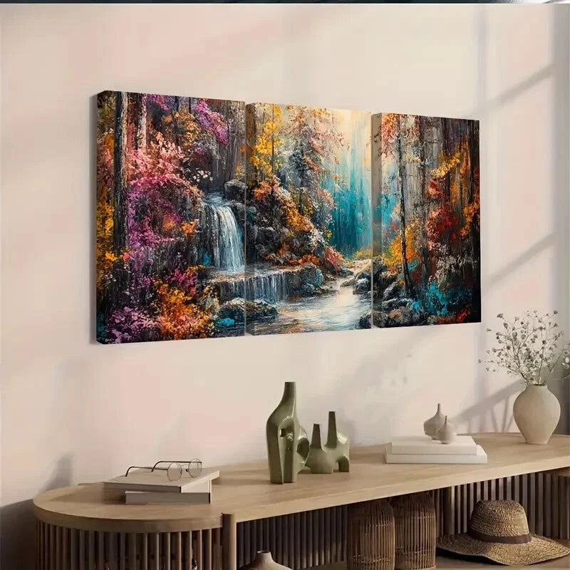 3pcs Vibrant Autumn Forest Wall Art Set Canvas Framed 50x70cm - High Quality Print 100% Australian Made Wall Canvas Ready to Hang