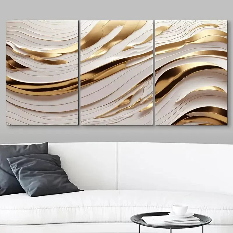 3pcs Golden & White Abstract Wave Canvas Framed 40x60cm - High Quality Print 100% Australian Made Wall Canvas Ready to Hang - Bella Home Decor