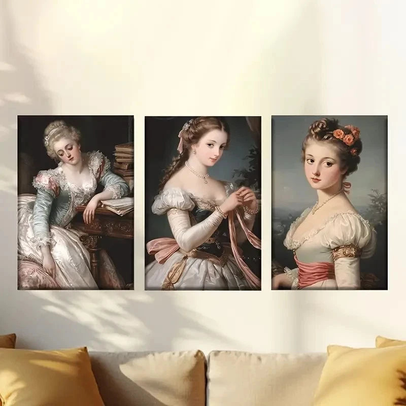 3pcs Elegant Women in Period Dresses Wall Art Set Canvas Framed 60x90cm - High Quality Print 100% Australian Made Wall Canvas Ready to Hang