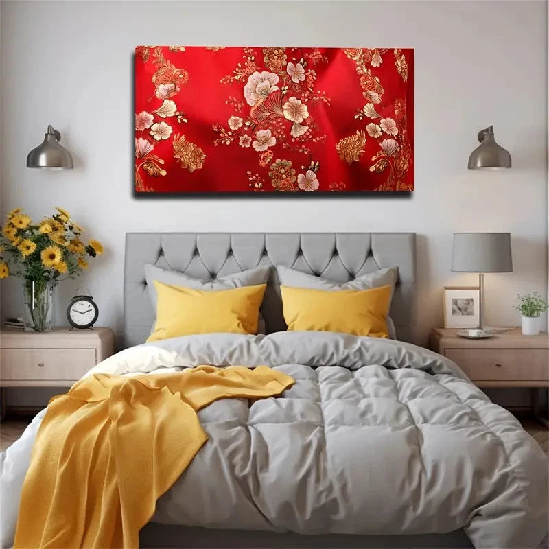 Elegant Red Floral Wall Art Canvas Office Home Room Framed 120x60cm