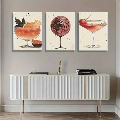 3pcs Cocktail Disco Ball Martini Glass Perfect Wall Art Canvas Unframed - High Quality Print 100% Australian Made Wall Canvas - Bella Home Decor