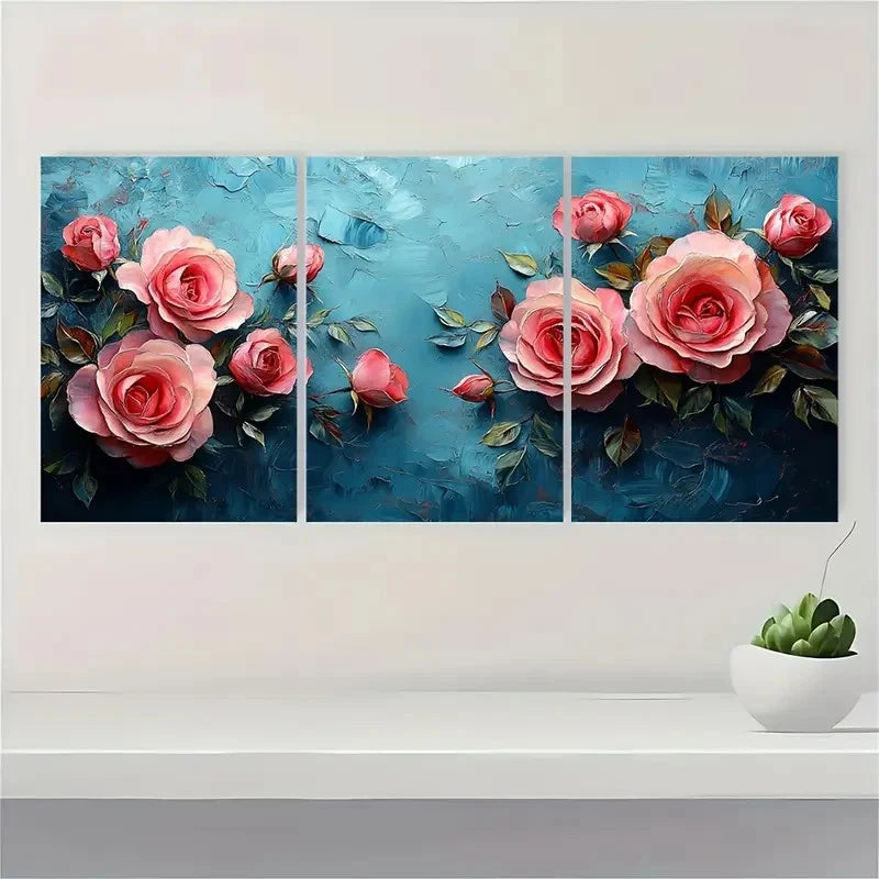 3pcs Pink Rose Roses Impasto PR Wall Art Set Canvas Framed 40x60cm - High Quality Print 100% Australian Made Wall Canvas Ready to Hang