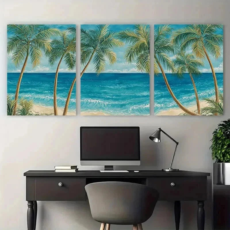 3pcs Tropical Beach Palm Tree Sunrise Perfect Wall Art Set Canvas Framed 50x70cm - High Quality Print 100% Australian Made Wall Canvas Ready to Hang