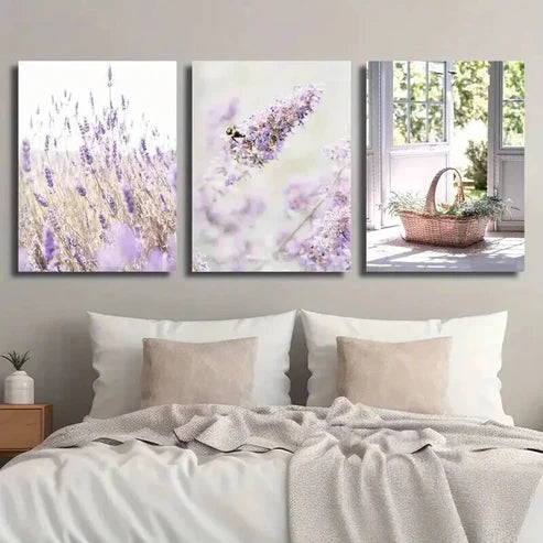 3pcs Lavender in Basket & Bee Decor Wall Art Set Canvas Unframed - High Quality Print 100% Australian Made Wall Canvas