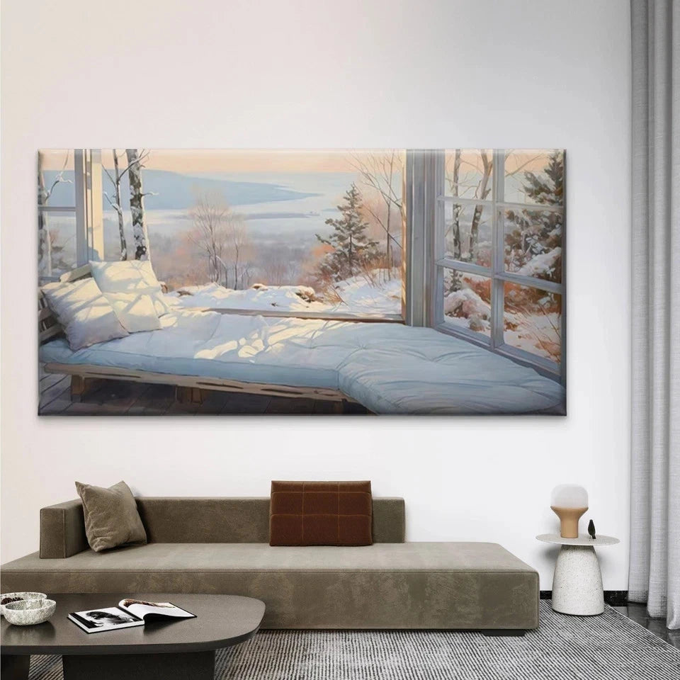 Cozy Snowy Cabin Window View Wall Art Canvas Office Home Room Framed 120x60cm