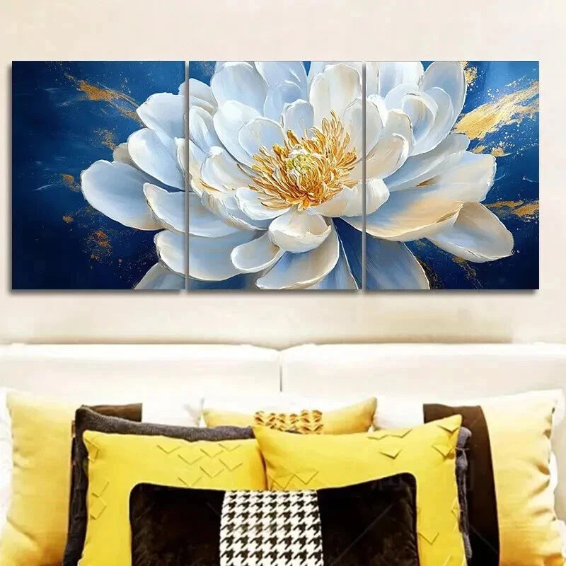 3pcs White Flower on Blue Background r Wall Art Set Canvas Framed 40x60cm - High Quality Print 100% Australian Made Wall Canvas Ready to Hang - Bella Home Decor
