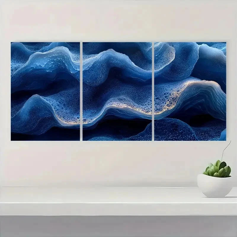 3pcs Wave Design, Indigo Honeycomb WD Wall Art Set Canvas Framed 50x70cm - High Quality Print 100% Australian Made Wall Canvas Ready to Hang - Bella Home Decor