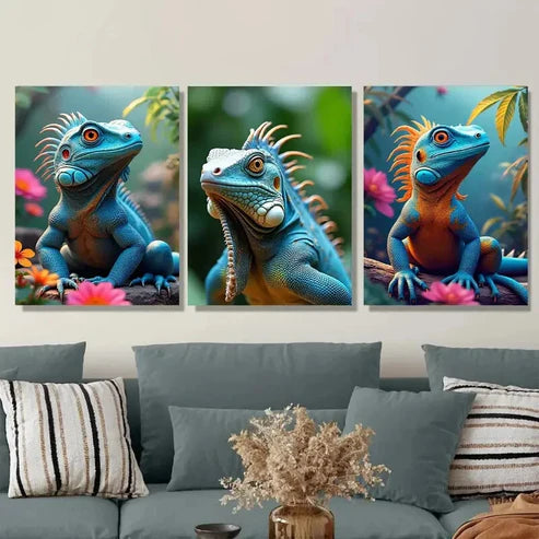 3pcs Vibrant Blue Iguana Nature Scene Flowers Wall Art Set Canvas Unframed - High Quality Print 100% Australian Made Wall Canvas