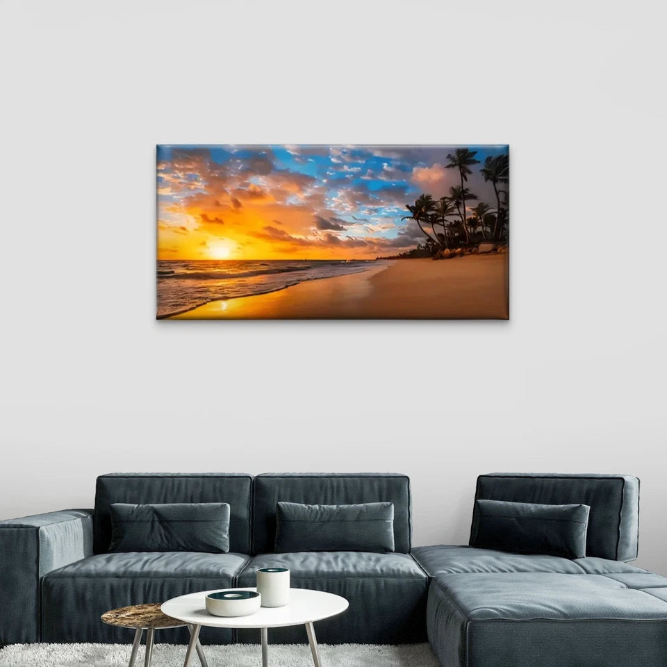 Beach Sun Palm Trees Sky Wall Art Canvas Office Home Room Framed 120x60cm