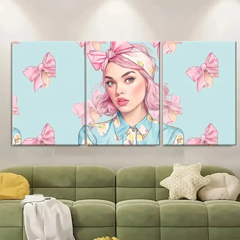 3pcs Girl with Pink Hair Bow Wall Art Set Canvas Framed 50x70cm – High Quality Print 100% Australian Made Wall Canvas Ready to Hang - Bella Home Decor