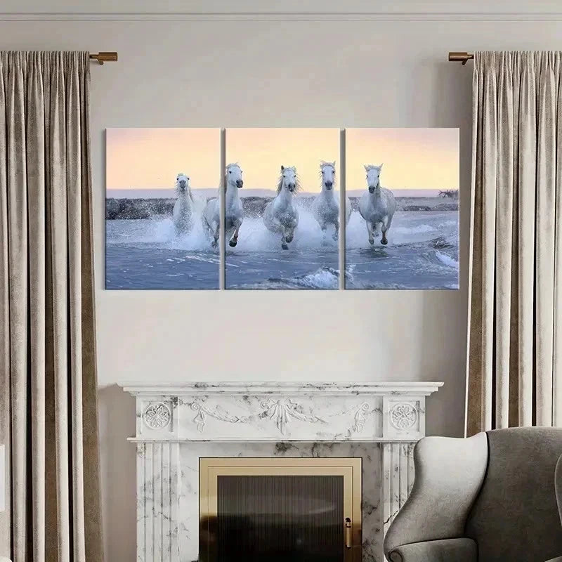 3pcs White Horses Running on the Beach Wall Art Set Canvas Framed 60x90cm - High Quality Print 100% Australian Made Wall Canvas Ready to Hang