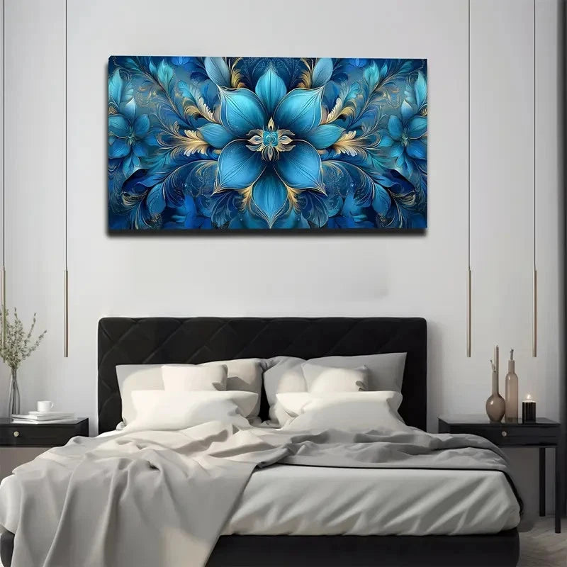 Blue floral artwork on a wall above a bed in a bedroom setting.