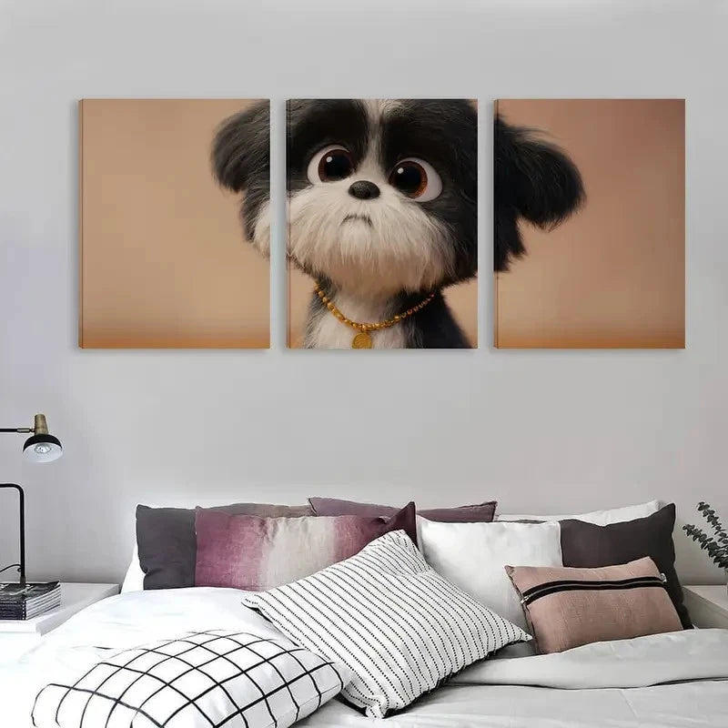 3pcs Modern Black & White Puppy & Golden Collar Wall Art Set Canvas Framed 50x70cm - High Quality Print 100% Australian Made Wall Canvas Ready to Hang