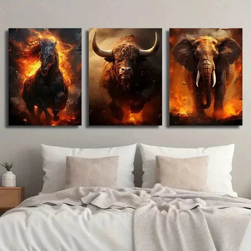 3pcs Running Hell Demon Horse Bull Elephant Wall Art Set Canvas Unframed - High Quality Print 100% Australian Made Wall Canvas