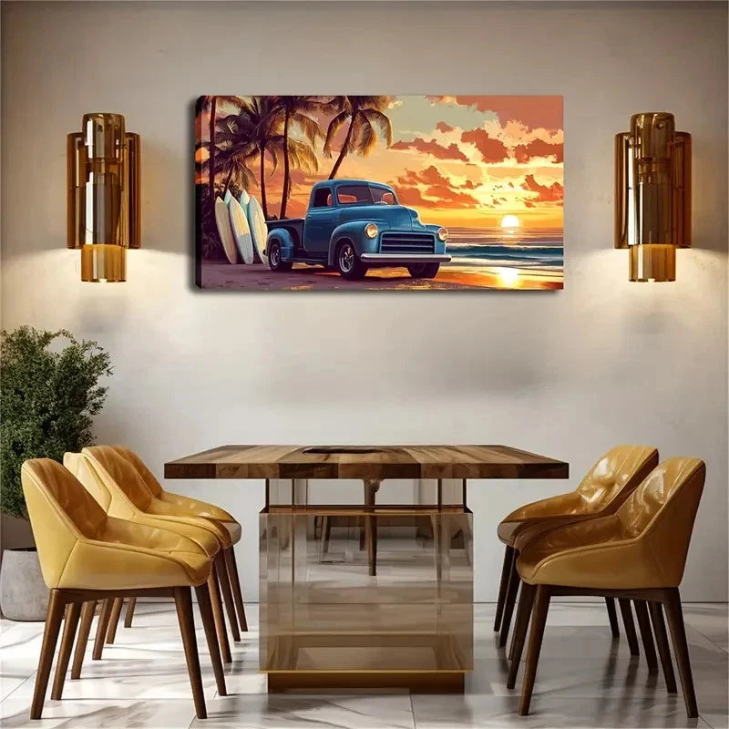 Vintage Blue Pickup Truck Beach Wall Art Canvas Office Home Room Framed 120x60cm