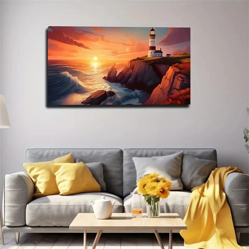 Vibrant Lighthouse Coastal Wall Art Canvas Office Home Room Framed 120x60cm