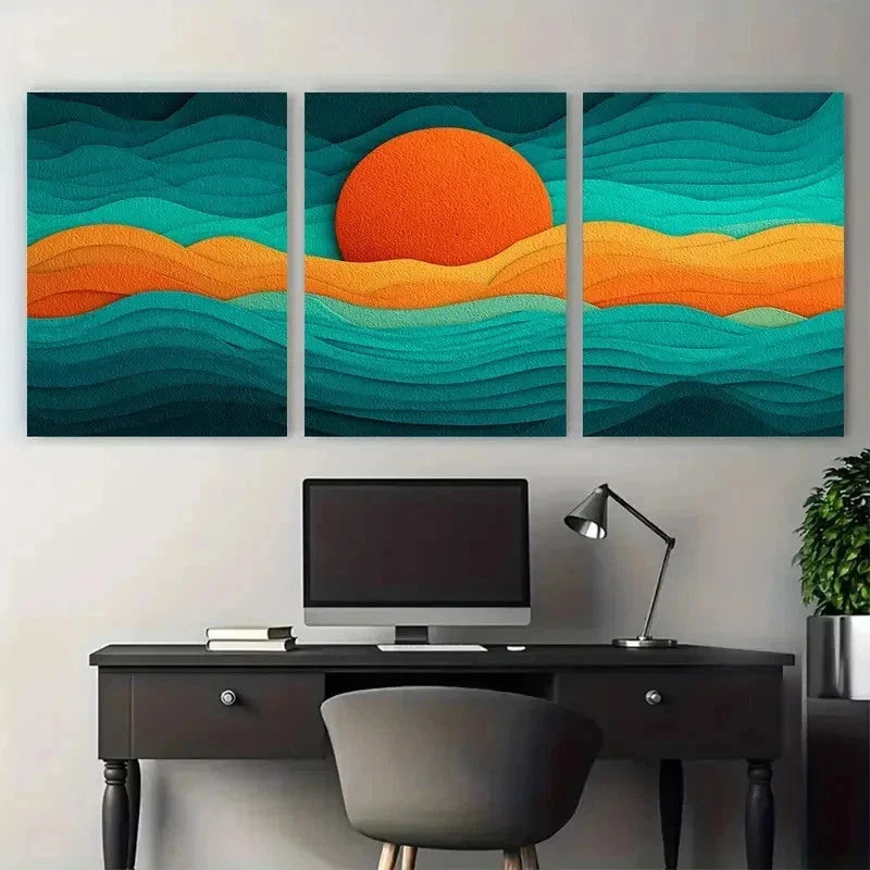 3pcs Orange Sun And Turquoise Ocean Wave Perfect Wall Art Set Canvas Framed 50x70cm - High Quality Print 100% Australian Made Wall Canvas Ready to Hang