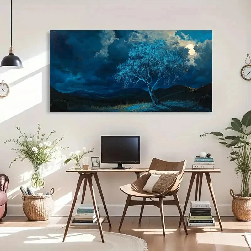 Surreal Glowing Blue Tree Moon Wall Art Canvas Office Home Room Framed 120x60cm - Bella Home Decor