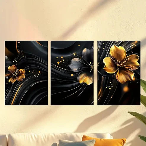 3pcs Black and Golden Flowers Wall Art Canvas Unframed - High Quality Print 100% Australian Made Wall Canvas - Bella Home Decor