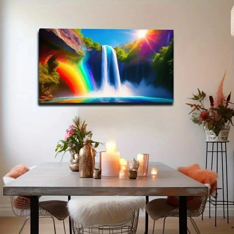 Enchanting Rainbow Waterfall Wall Art Canvas Office Home Room Framed 120x60cm
