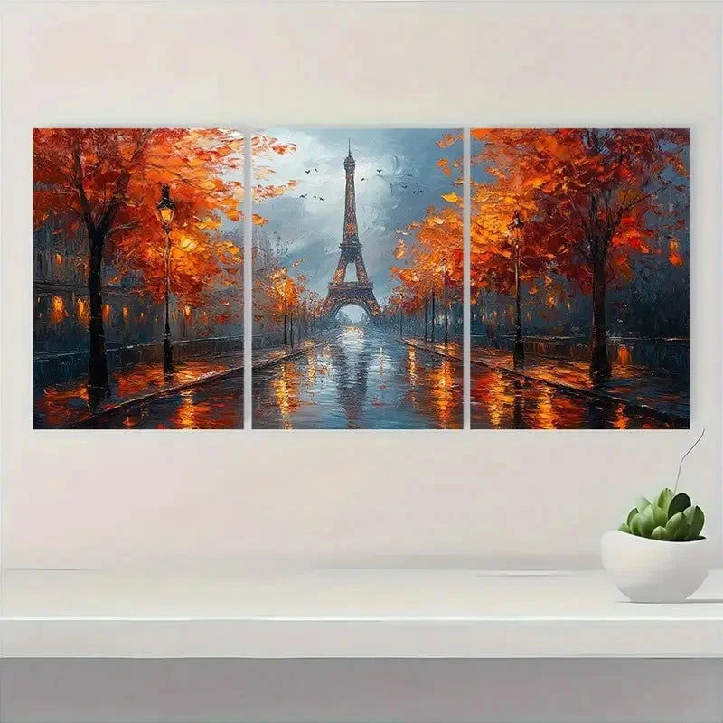 3pcs Vibrant Autumn Street Scene with Golden S Wall Art Set Canvas Framed 50x70cm - High Quality Print 100% Australian Made Wall Canvas Ready to Hang - Bella Home Decor
