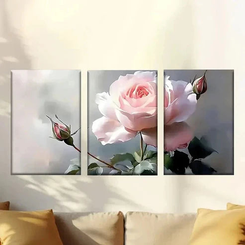 3pcs A Pink Rose with Green Leaves Wall Art Canvas Unframed - High Quality Print 100% Australian Made Wall Canvas - Bella Home Decor