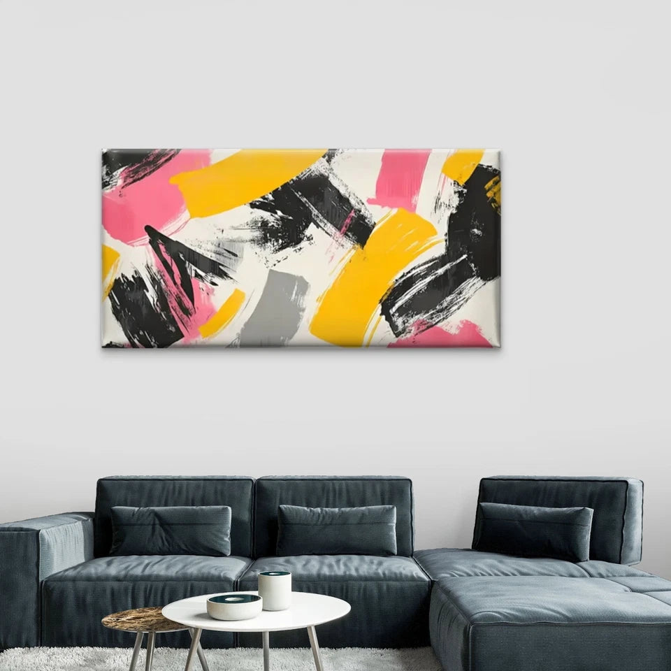 Pink And Yellow Abstract Design Wall Art Canvas Office Home Room Framed 120x60cm