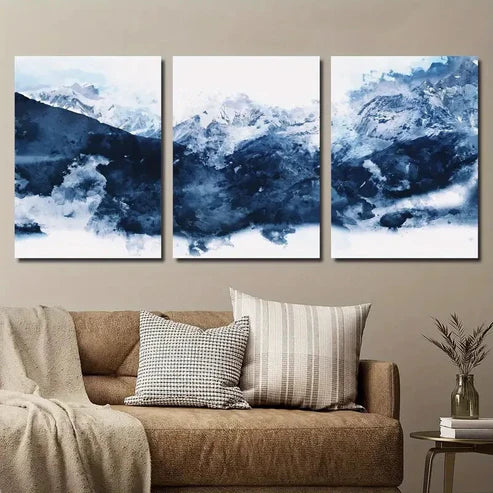 3pcs Watercolor Style Abstract Blue Mountains Wall Art Set Canvas Unframed - High Quality Print 100% Australian Made Wall Canvas