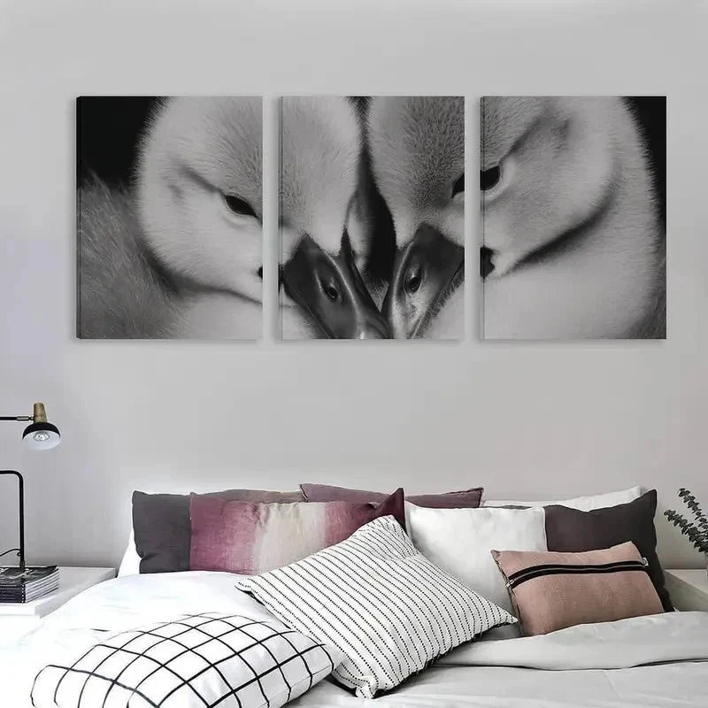 3pcs Black and White Swan Cygnets Cuddling Wall Art Set Canvas Framed 40x60cm - High Quality Print 100% Australian Made Wall Canvas Ready to Hang - Bella Home Decor