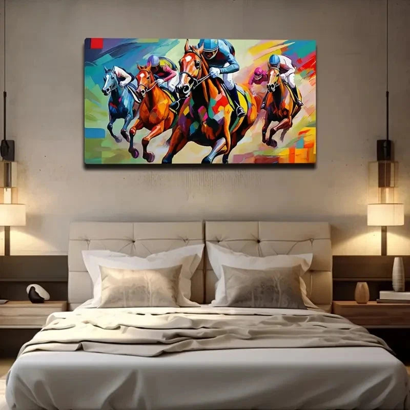 Vibrant Horse Racing Wall Art Canvas Office Home Room Framed 120x60cm