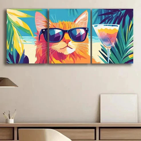 3pcs Tropical Cat with Glasses Colorful Perfect Wall Art Set Canvas Unframed - High Quality Print 100% Australian Made Wall Canvas