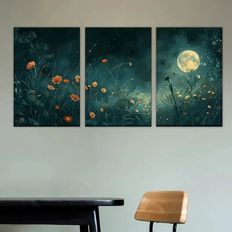 3pcs Enchanting Flowers Illuminated by The Moon Wall Art Set Canvas Framed 50x70cm - High Quality Print 100% Australian Made Wall Canvas Ready to Hang - Bella Home Decor