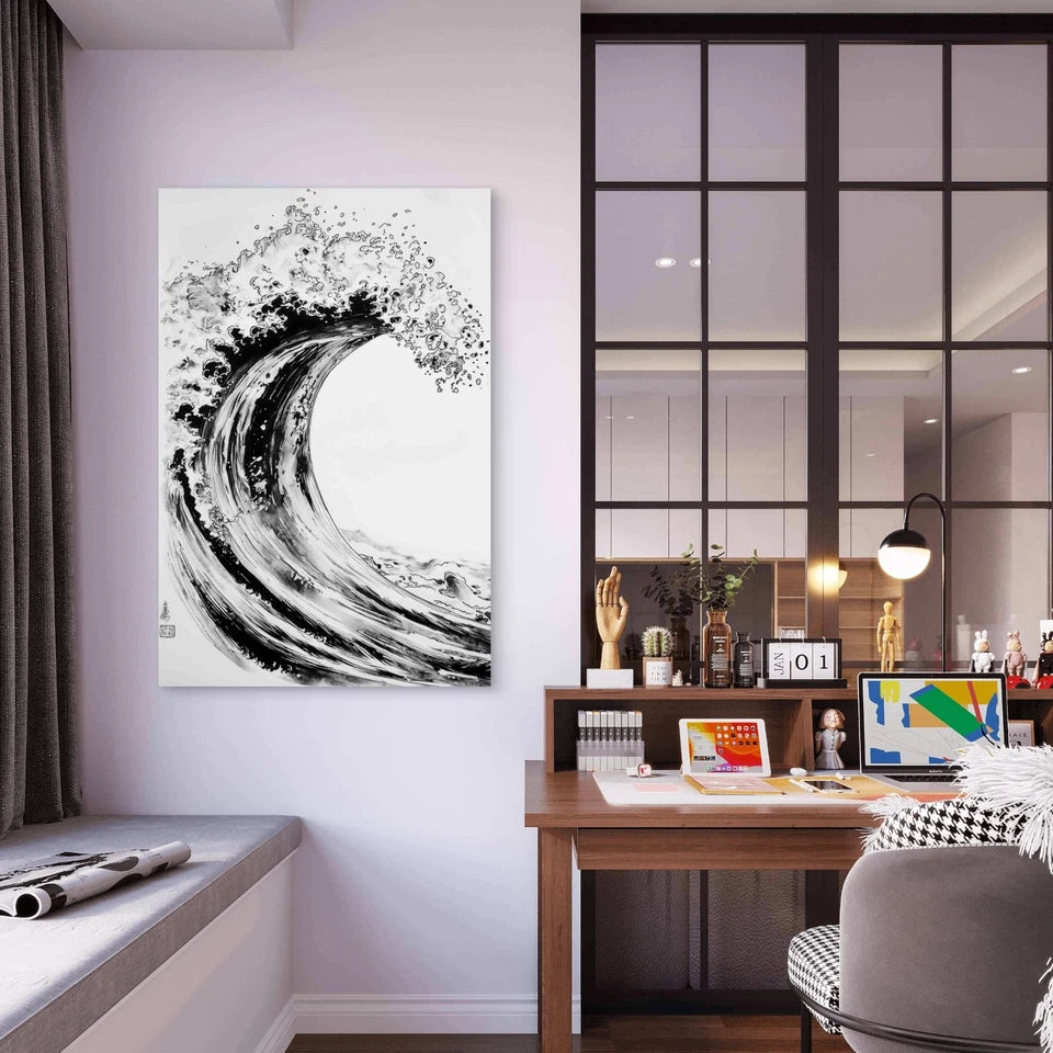 Black White Ink Painting Wave 40x60cm Metal Print Ready to Hang