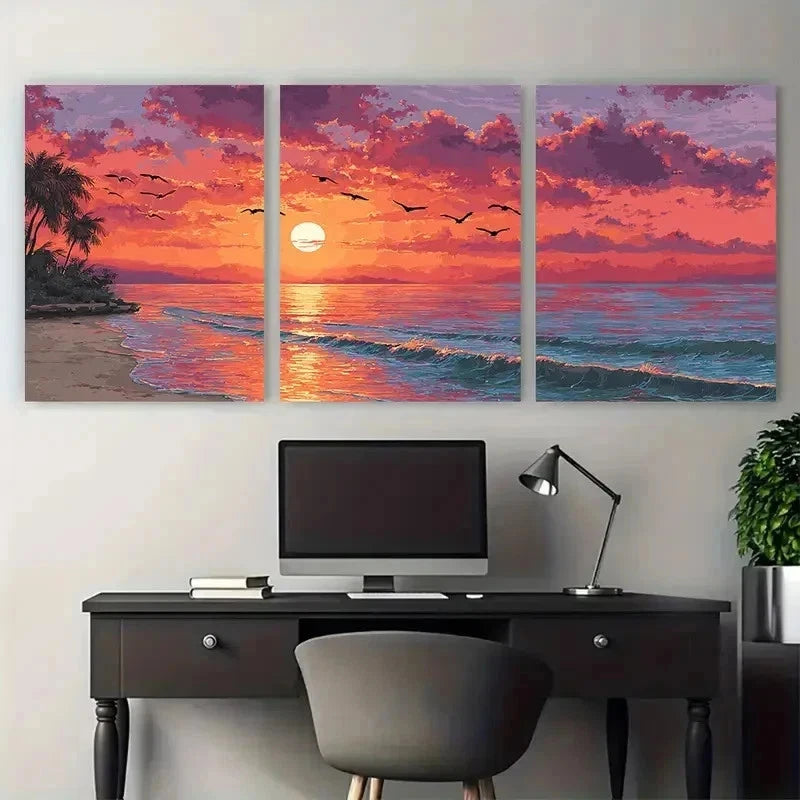 3pcs Palm Trees Waves & Birds Relaxing Perfect Wall Art Set Canvas Framed 50x70cm - High Quality Print 100% Australian Made Wall Canvas Ready to Hang