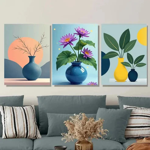 3pcs Bright Flower And Vase Triptych Modern Wall Art Set Canvas Unframed - High Quality Print 100% Australian Made Wall Canvas - Bella Home Decor