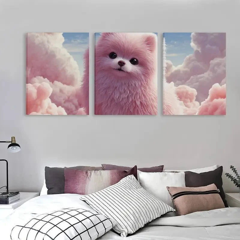 3pcs Pink Pomeranian Dog with Clouds Wall Art Set Canvas Framed 50x70cm - High Quality Print 100% Australian Made Wall Canvas Ready to Hang