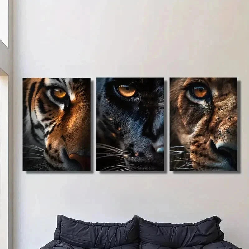3pcs Close Up of Tiger Panther and Lion Eyes Wall Art Set Canvas Framed 60x90cm - High Quality Print 100% Australian Made Wall Canvas Ready to Hang