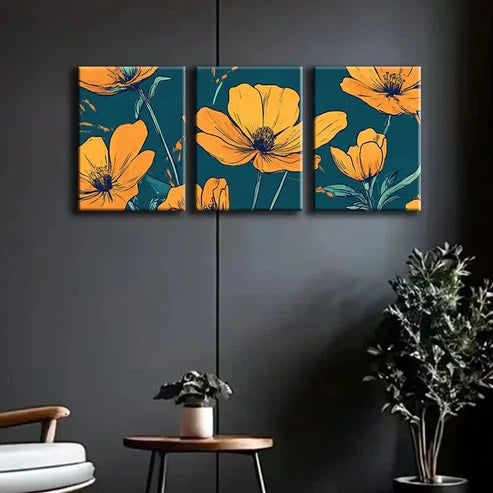 3pcs Orange Floral Colorful Pattern Perfect Wall Art Set Canvas Unframed - High Quality Print 100% Australian Made Wall Canvas