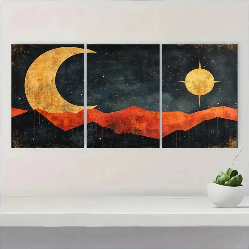 3pcs Crescent Moon & Star Design CM Wall Art Set Canvas Framed 40x60cm - High Quality Print 100% Australian Made Wall Canvas Ready to Hang - Bella Home Decor