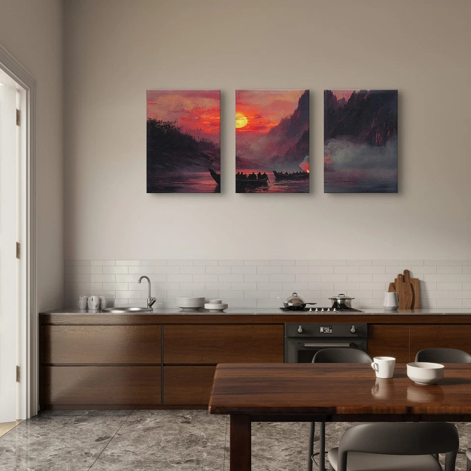 3pcs Classical Sunset River Boats Painting Wall Art Set Canvas Framed 50x70cm - High Quality Print 100% Australian Made Wall Canvas Ready to Hang