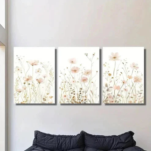 3pcs Soft Pink And Golden Wildflowers Wall Art Canvas Unframed - High Quality Print 100% Australian Made Wall Canvas